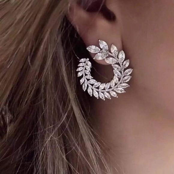 Silver Pated Leaf Geometric Rhinestone Statement Earrings - Picture 3 of 5